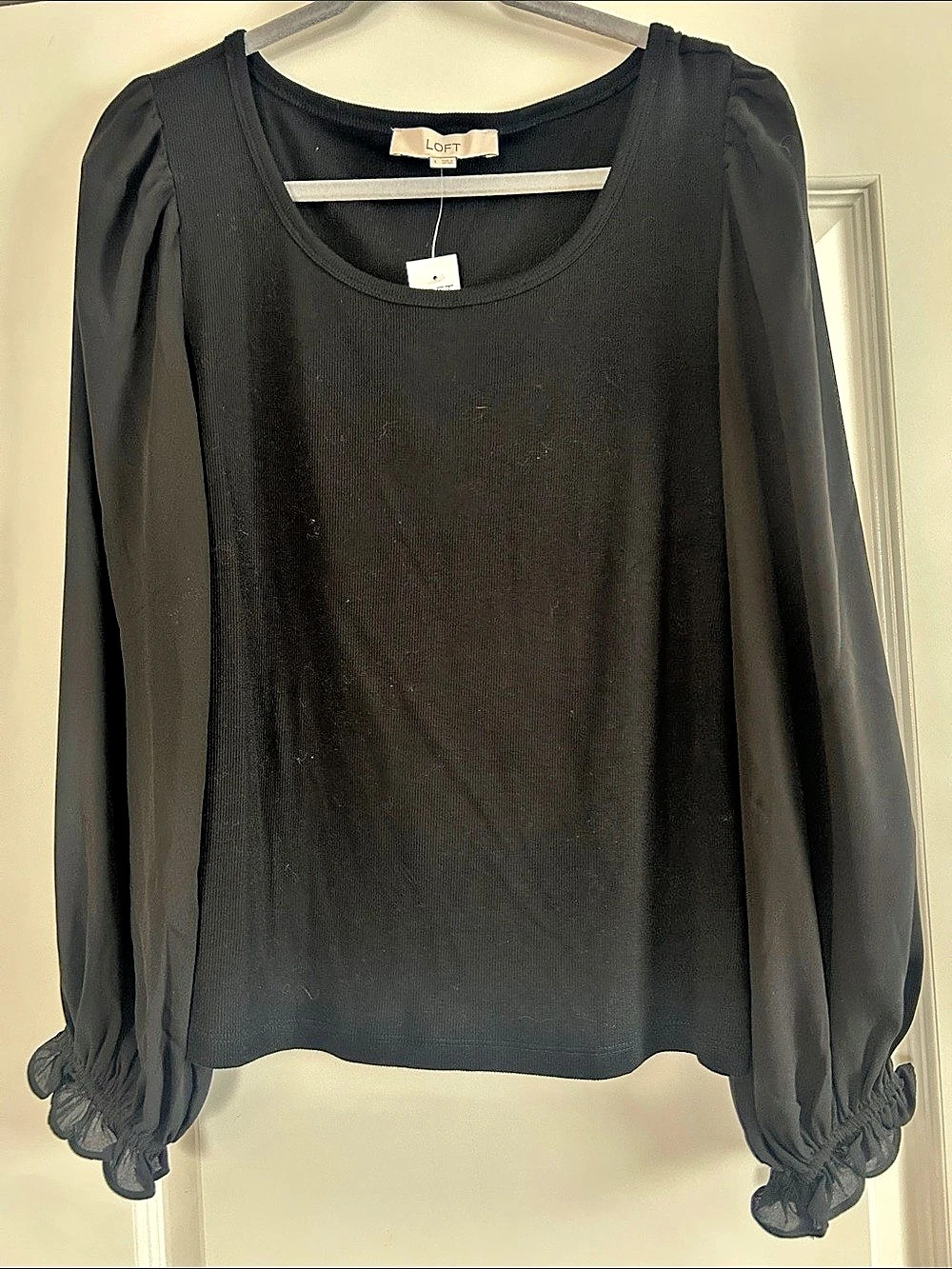 LOFT Sheer Sleeve Blouse in Black Size Large NWT